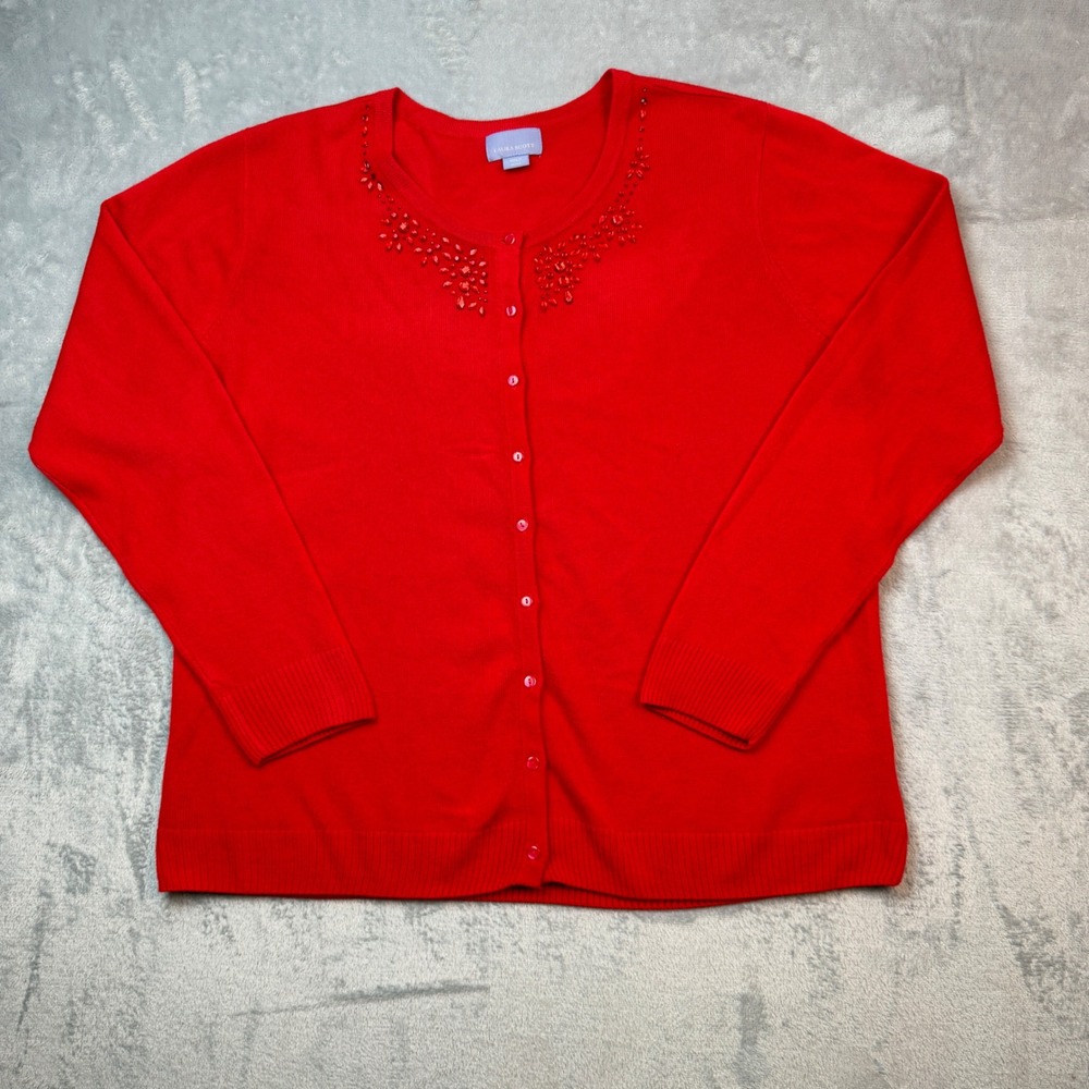 Laura Scott Cardigan Womens XL Red Beaded Embellished Christmas Holiday Casual